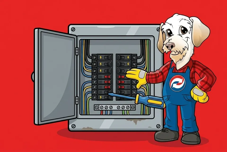Sonny the Leonard Splaine mascot beside a new electrical panel