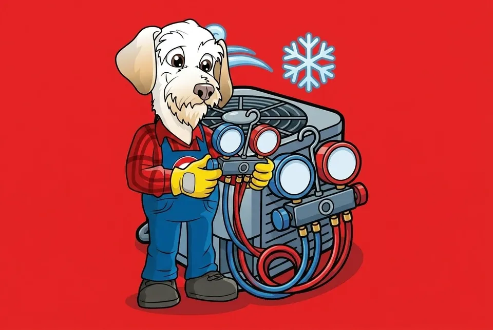 Sonny the Leonard Splaine mascot checking refrigerant with manifold gauges on an AC unit