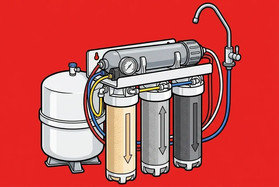 An under-sink reverse osmosis drinking water system