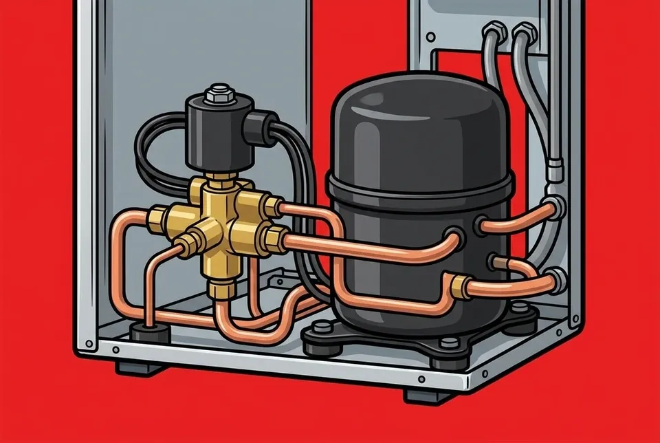 A heat pump reversing valve and compressor