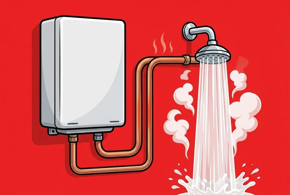 A tankless water heater feeding a running shower with steam