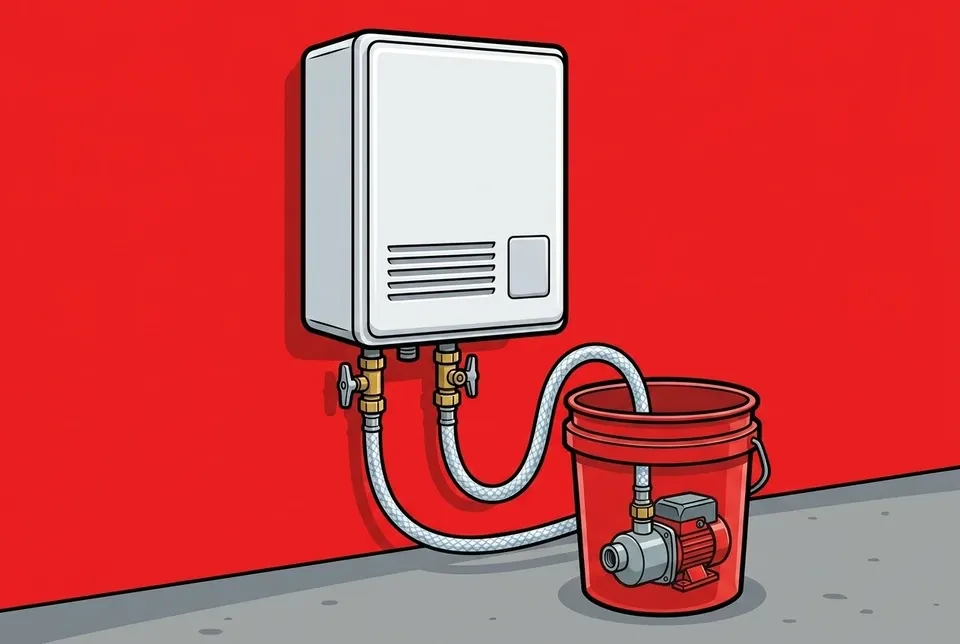 A tankless water heater being flushed and descaled with hoses and a pump