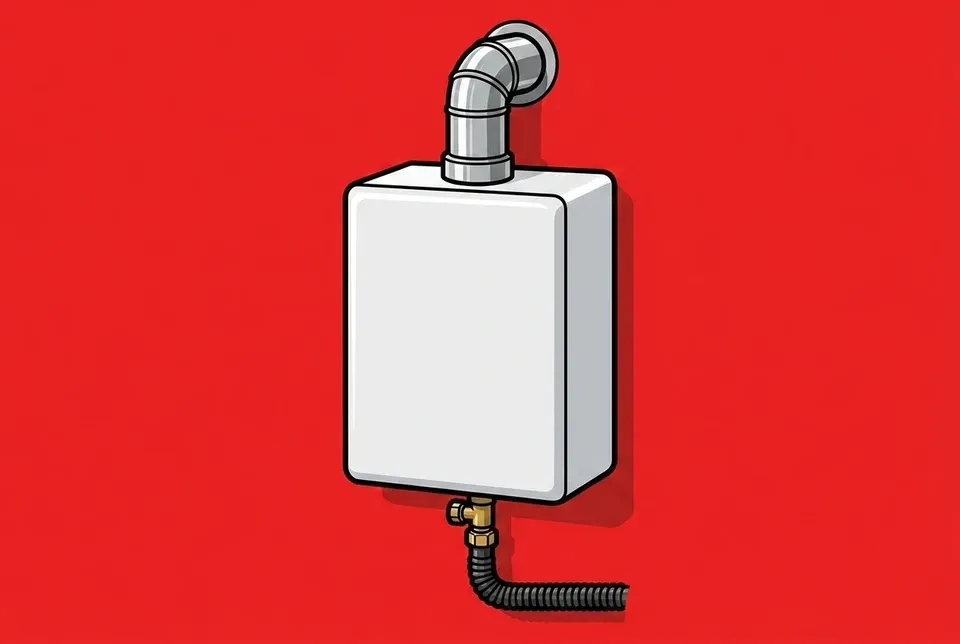 A tankless water heater with a gas line and exhaust venting