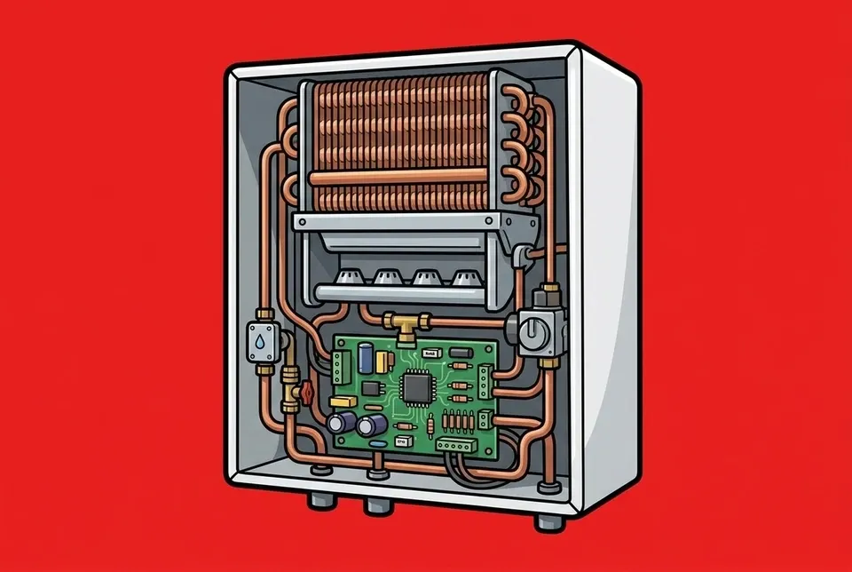 The inside of a tankless water heater with its cover open