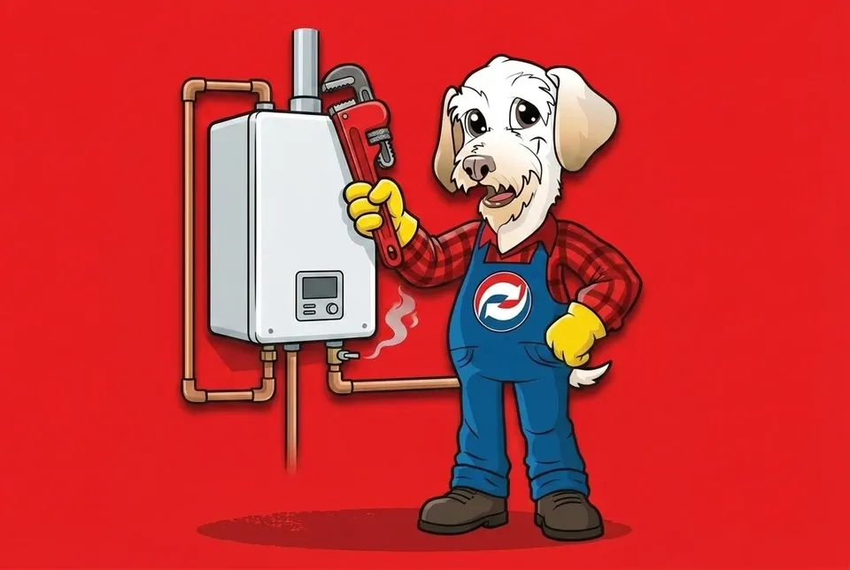 Sonny the Leonard Splaine mascot servicing a tankless water heater