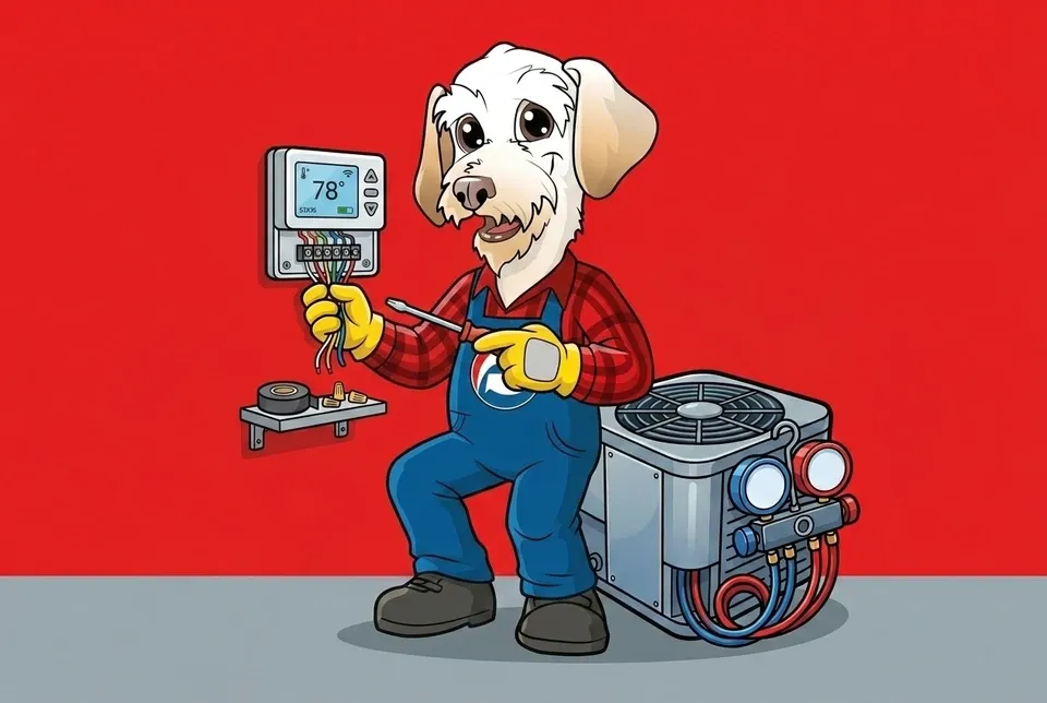 Sonny the Leonard Splaine mascot mounting and wiring a smart thermostat