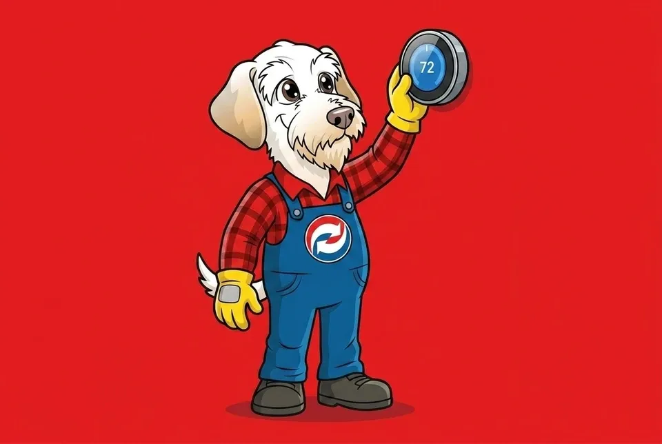 Sonny the Leonard Splaine mascot adjusting a smart wall thermostat
