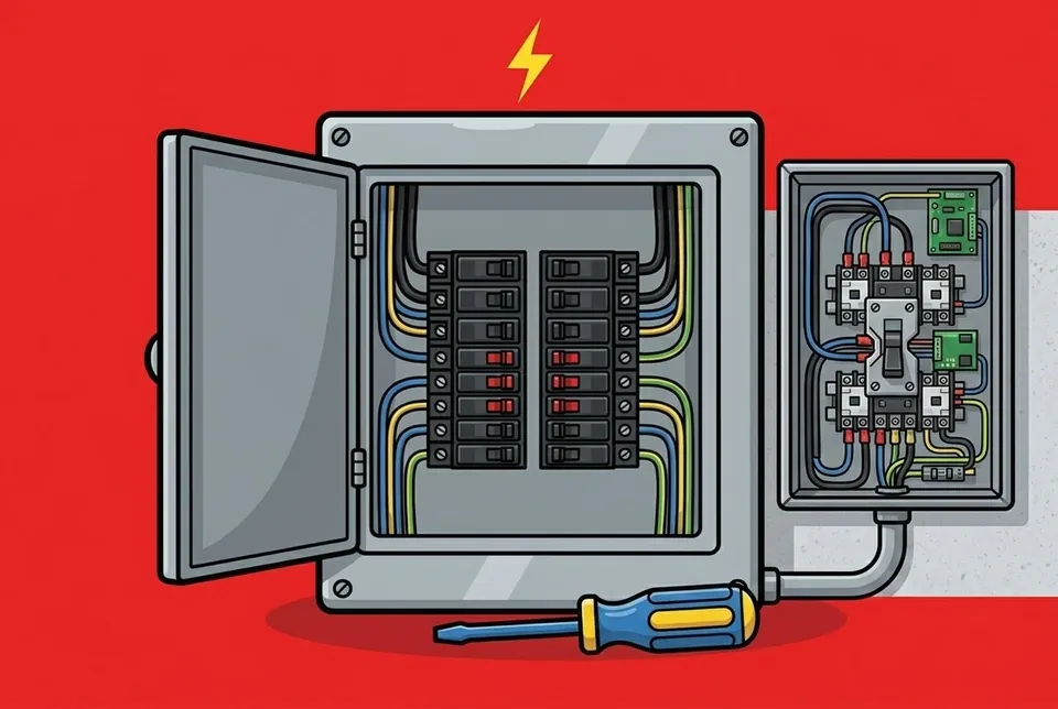 An automatic transfer switch beside an electrical panel