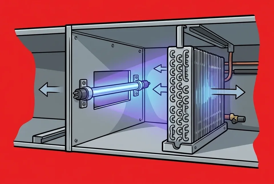 A UV germicidal lamp installed in HVAC ductwork