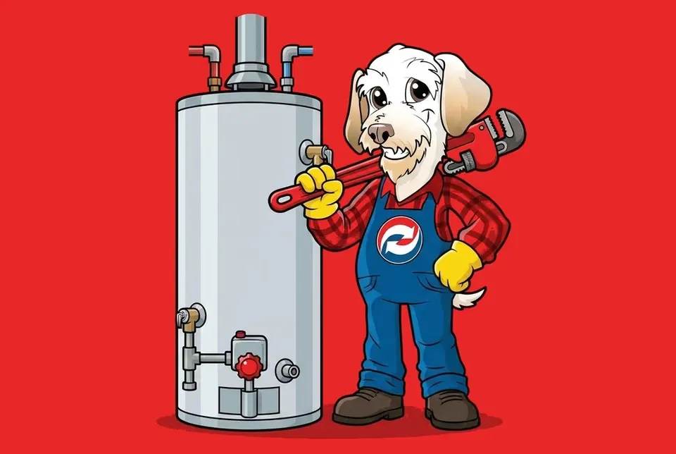 Sonny the Leonard Splaine mascot with a wrench beside a tank water heater