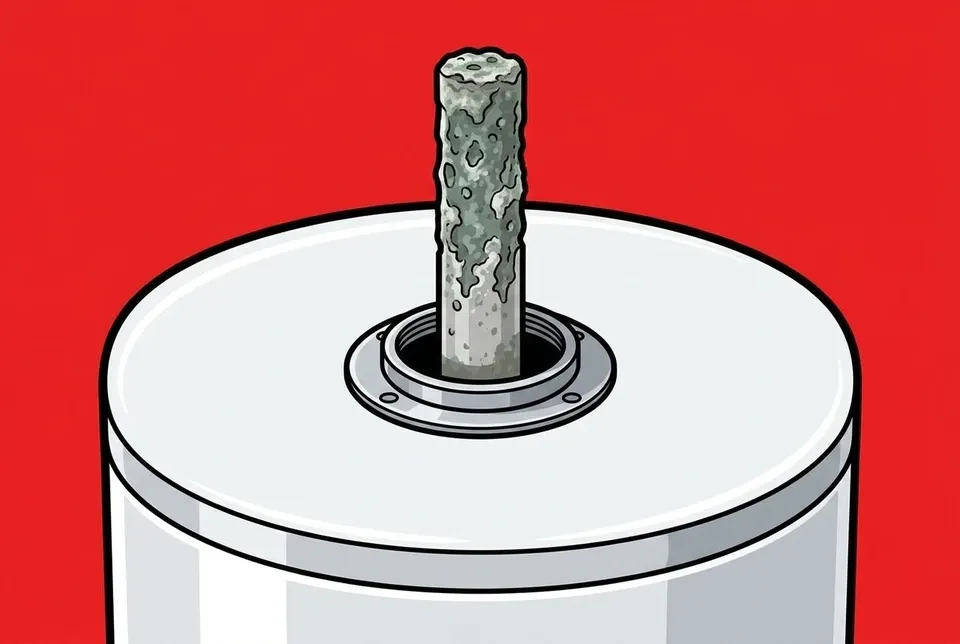 A corroded water heater anode rod being pulled from a tank