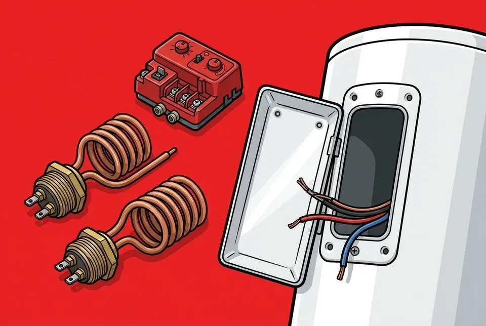 Electric water heater heating elements and a thermostat