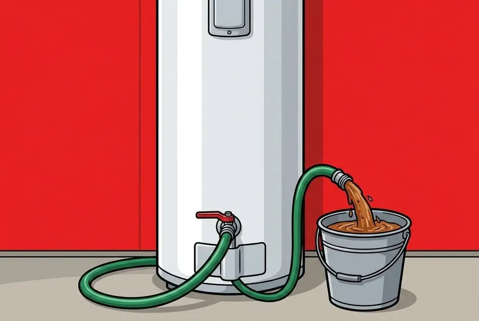 A water heater being flushed of rusty sediment into a bucket