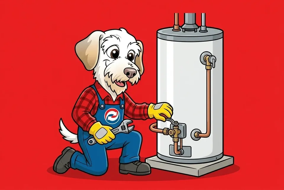 Sonny the Leonard Splaine mascot with a wrench beside a new tank water heater