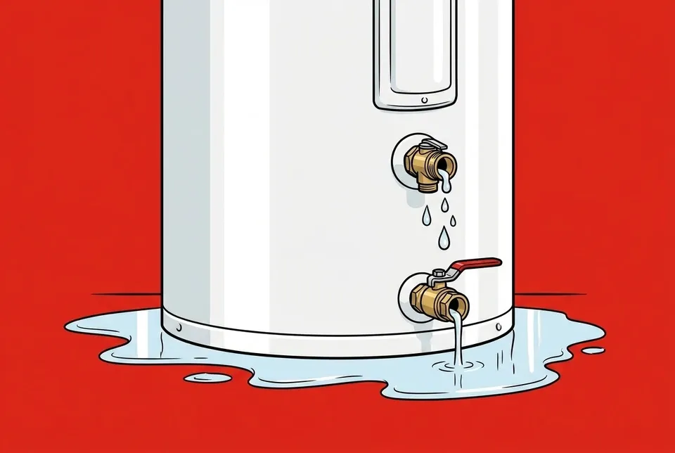 The base of a tank water heater leaking water into a puddle