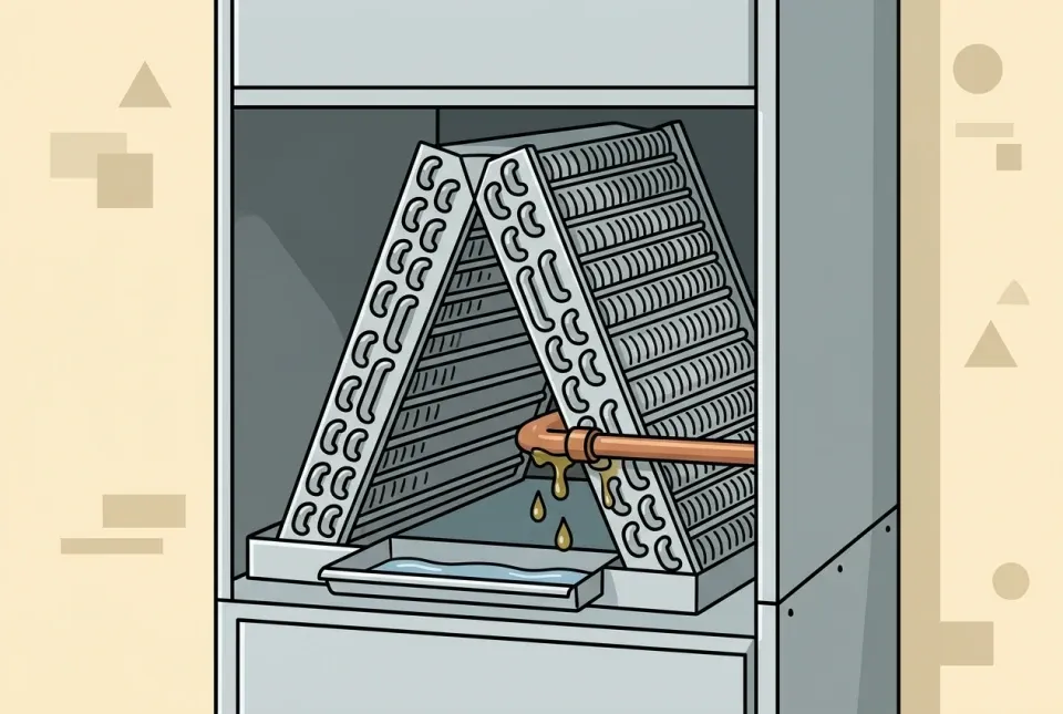 Illustration of an evaporator coil leaking refrigerant at a joint