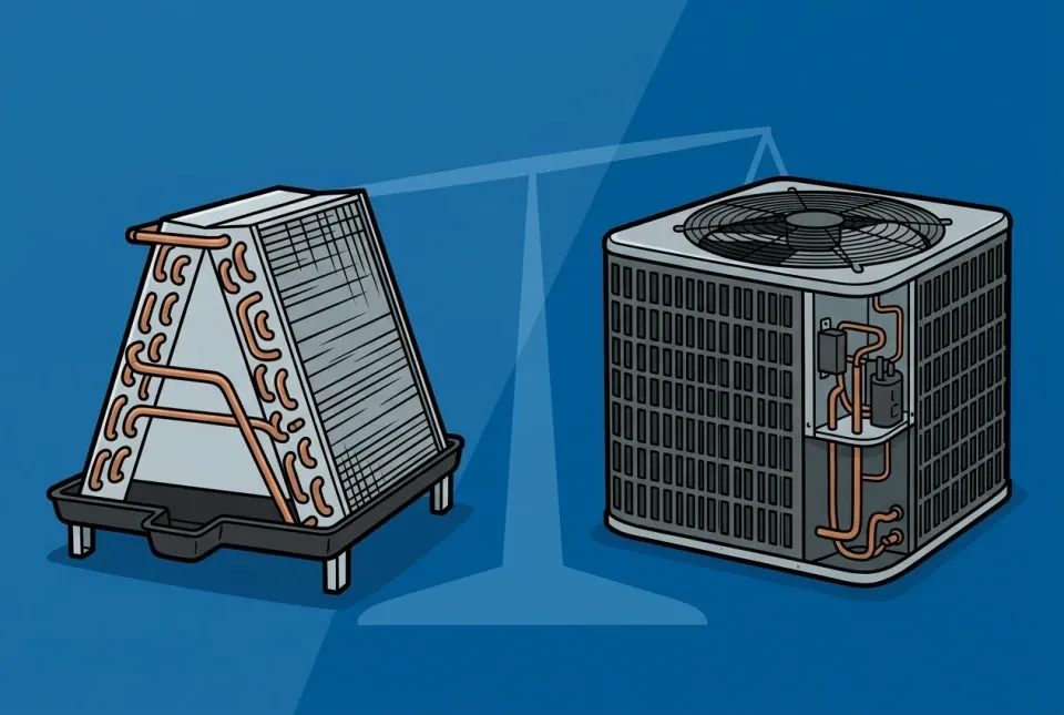 Illustration weighing an evaporator coil against a whole AC condenser