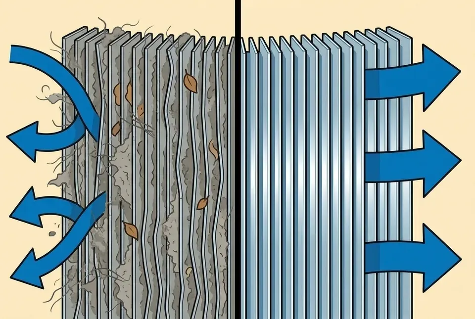 Split comparison illustration of condenser coil fins, dirty and matted on one side with airflow blocked, clean and open on the other with air passing through