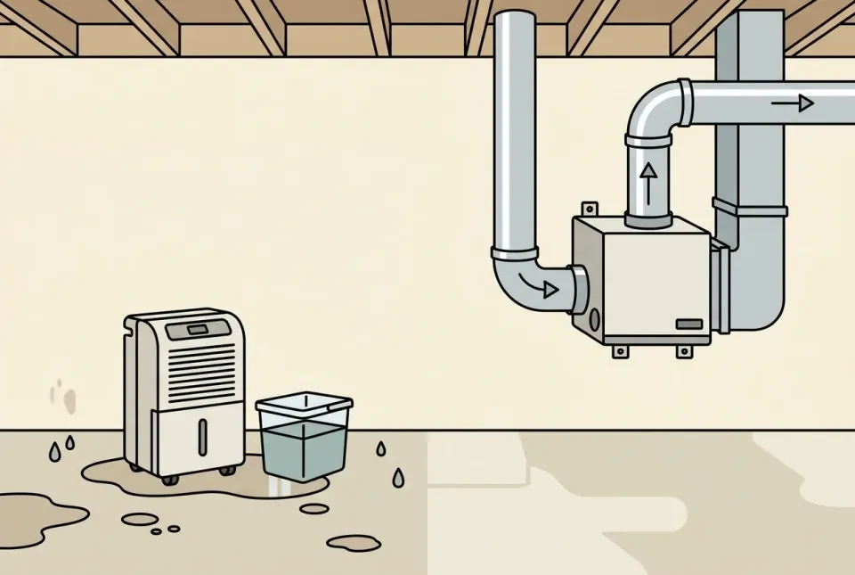 Illustration comparing a portable dehumidifier with a whole-home unit