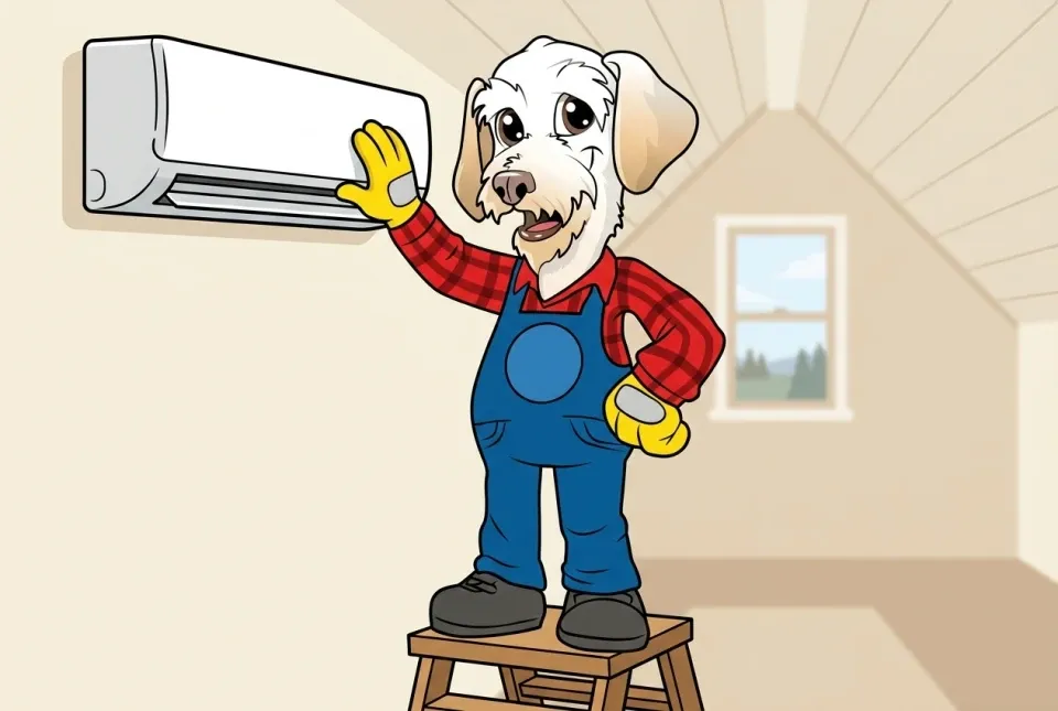 Illustration of Sonny beside a ductless mini-split in a bonus room