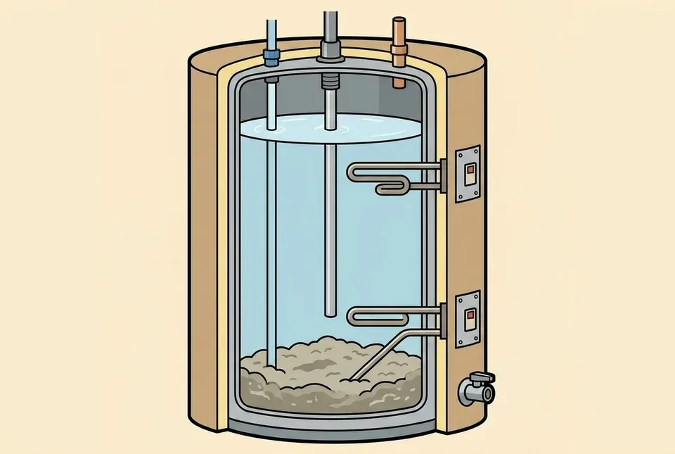 Cutaway illustration of an electric water heater showing upper and lower heating elements with a thick sediment layer burying the lower element