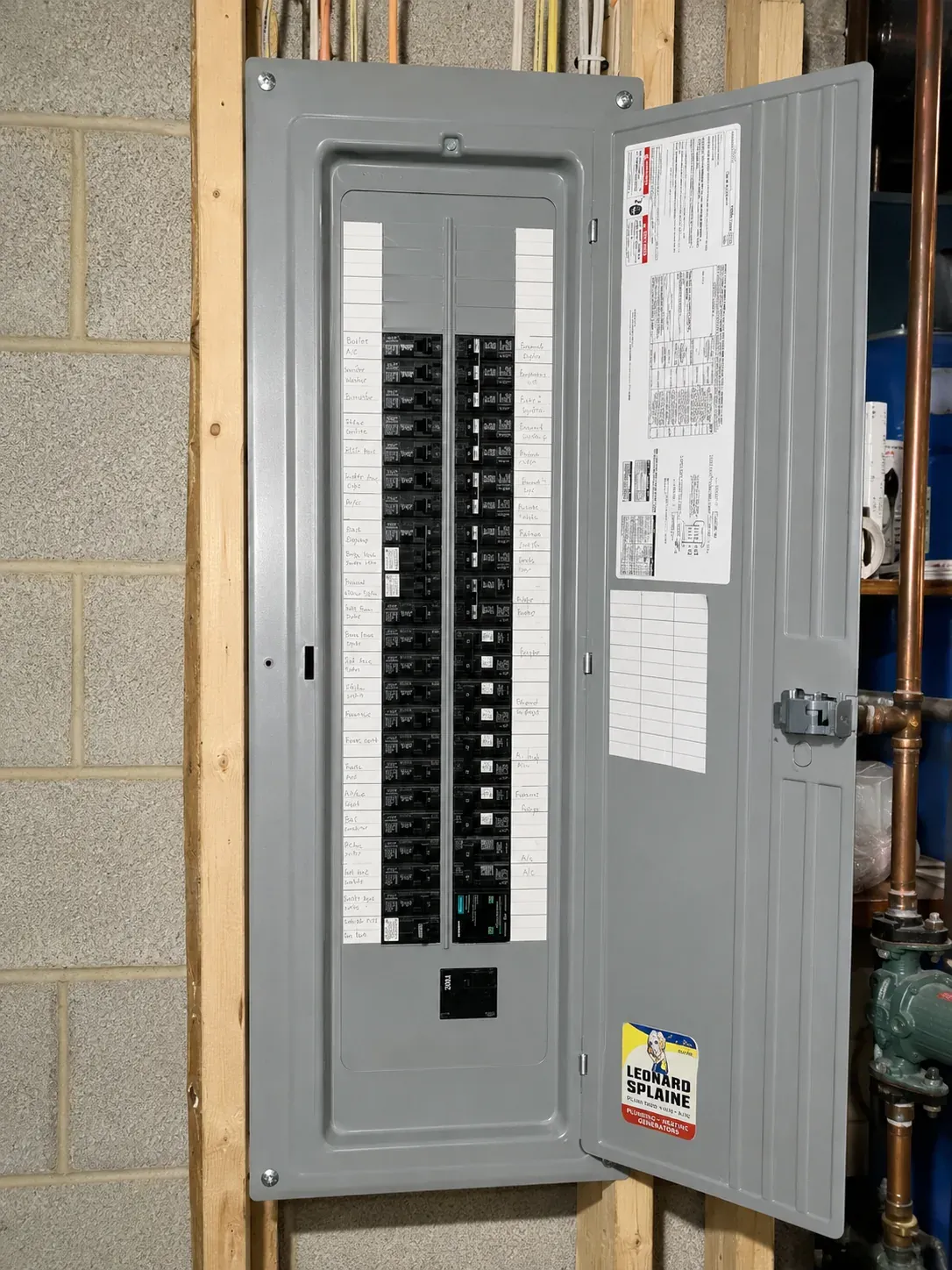 A newly installed electrical panel with the door open
