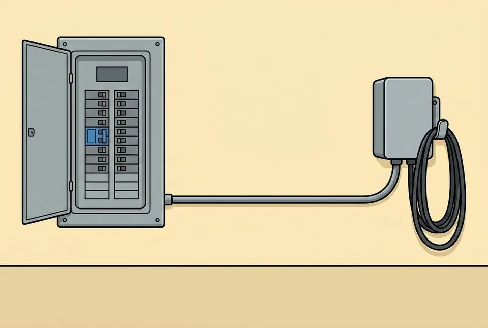 Flat illustration of an open electrical panel on the left with one double height breaker highlighted in blue among the smaller ones, and a single conduit running from it across the wall to a compact wall mounted car charger with a coiled cable
