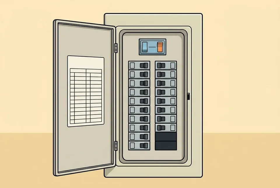 Flat illustration of an open residential electrical panel with the large main breaker at the top and a double height empty space at the bottom of one column, the pair of adjacent slots a 240 volt breaker needs