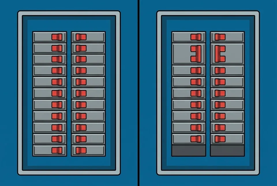 Flat illustration of an open electrical panel shown twice, on the left with every breaker slot occupied by single breakers, and on the right with two of them replaced by narrower tandem breakers so that two empty slots appear