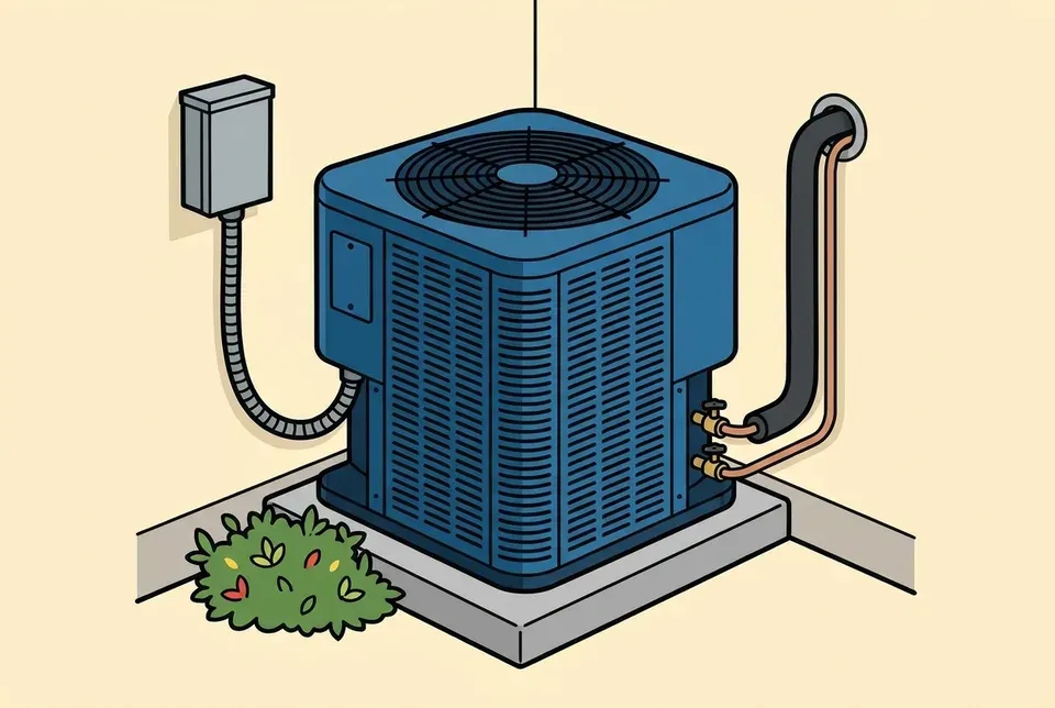Flat illustration of a blue outdoor air conditioner on a concrete pad, wired to a disconnect box on the house wall, with two copper lines, one wrapped in black insulation, running from its valves into the wall.