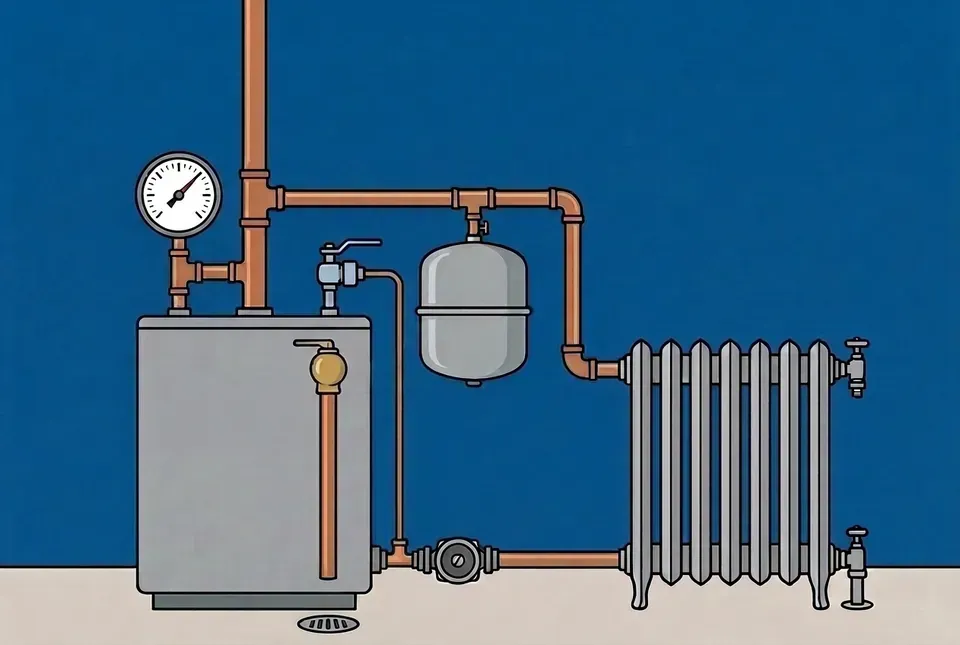 Flat illustration of a gray hot-water boiler with a round gauge on a tee beside its supply pipe, a brass relief valve whose discharge pipe ends above a floor drain, an expansion tank, a circulator pump and a cast-iron radiator, on a blue background