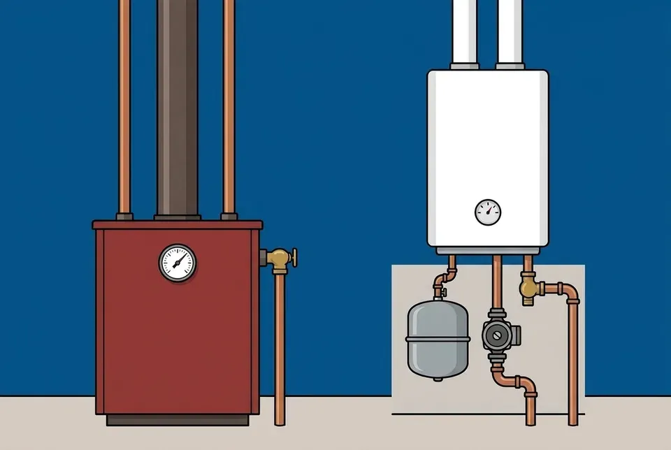 Flat illustration of an older dark red floor-standing boiler with a tall flue pipe and copper pipes next to a newer white wall-hung boiler with two white vent pipes, an expansion tank and a circulator pump, on a blue background