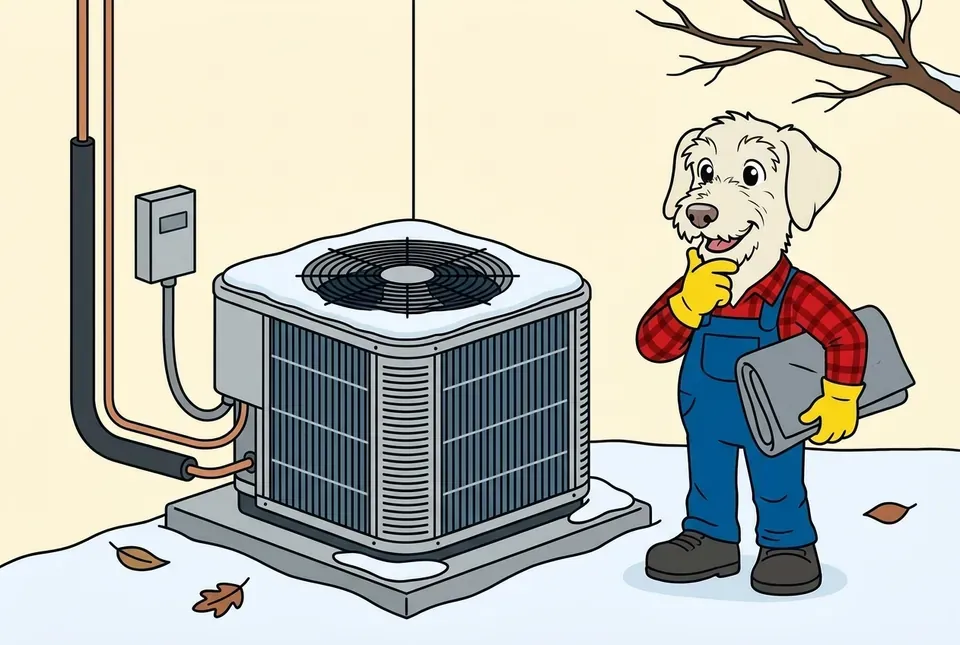 Flat illustration of Sonny, a cartoon terrier in a red plaid shirt, blue overalls and yellow gloves, holding a folded gray cover beside an uncovered outdoor AC unit with snow on its top.