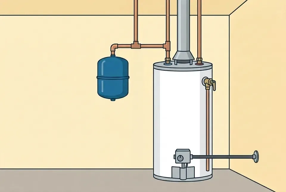 Flat illustration of a gas water heater in a room corner, with a small blue expansion tank hanging from a copper branch of its cold water line and a relief valve with a discharge pipe running down its side