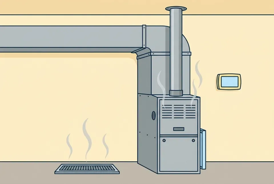 Flat illustration of a gray furnace with a flue pipe and a duct, pale smell lines rising from its louvers and from a floor vent, and a blank wall thermostat beside it