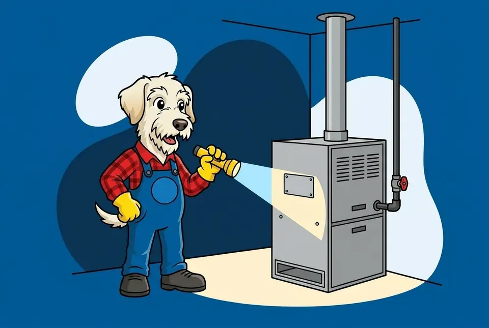 Flat illustration of a cartoon terrier in a red plaid shirt and blue overalls shining a flashlight on the blank rating plate of a gas furnace in the corner of a room