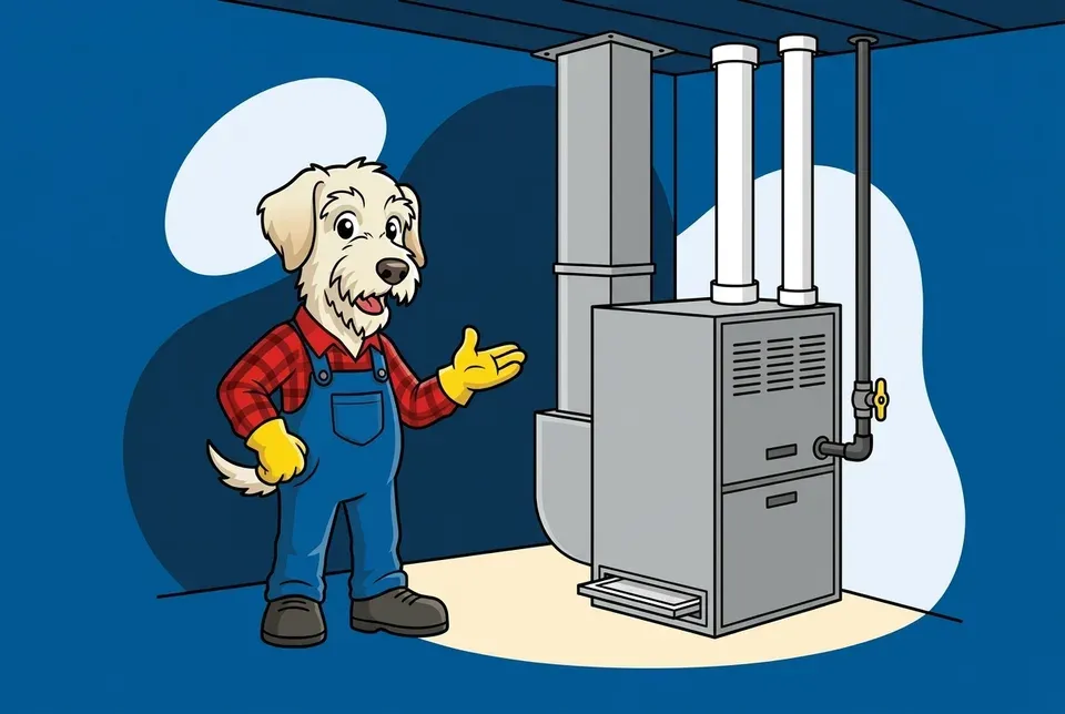 Flat illustration of Sonny the terrier mascot in a red plaid shirt and blue overalls gesturing toward a gas furnace with white vent pipes and a gas valve