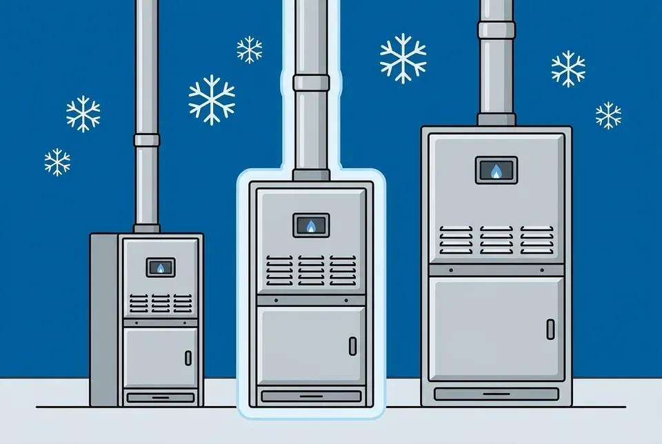 Flat illustration of a small, a medium and a large gas furnace standing side by side on a blue background with white snowflakes, the medium furnace outlined in a pale blue glow, each with a metal flue pipe rising from its top