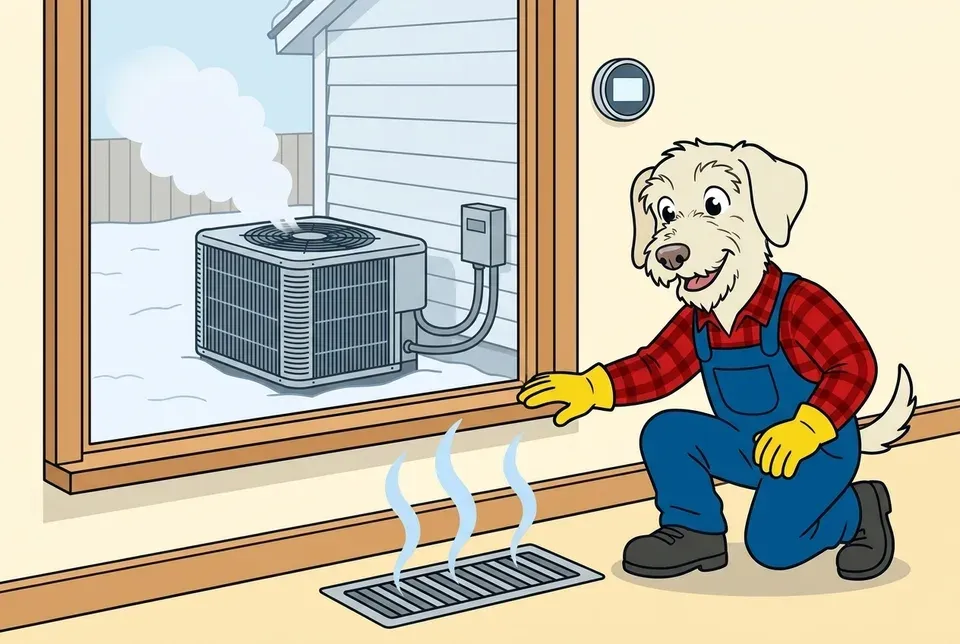 Flat illustration of a smiling terrier in overalls by a floor vent with pale blue air lines and a steaming heat pump in the snow outside the window