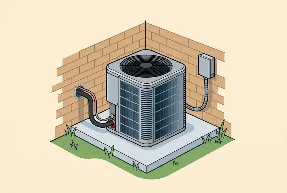 Flat illustration of an outdoor heat pump on a concrete pad at the corner of a brick house, with its refrigerant line set running into the wall and a disconnect box on the wall wired to the unit