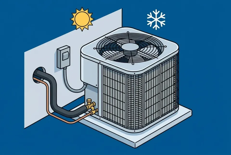 Flat illustration of an outdoor heat pump on a concrete pad beside a house wall, its refrigerant lines running into the wall, with a sun and a snowflake above it on a blue background