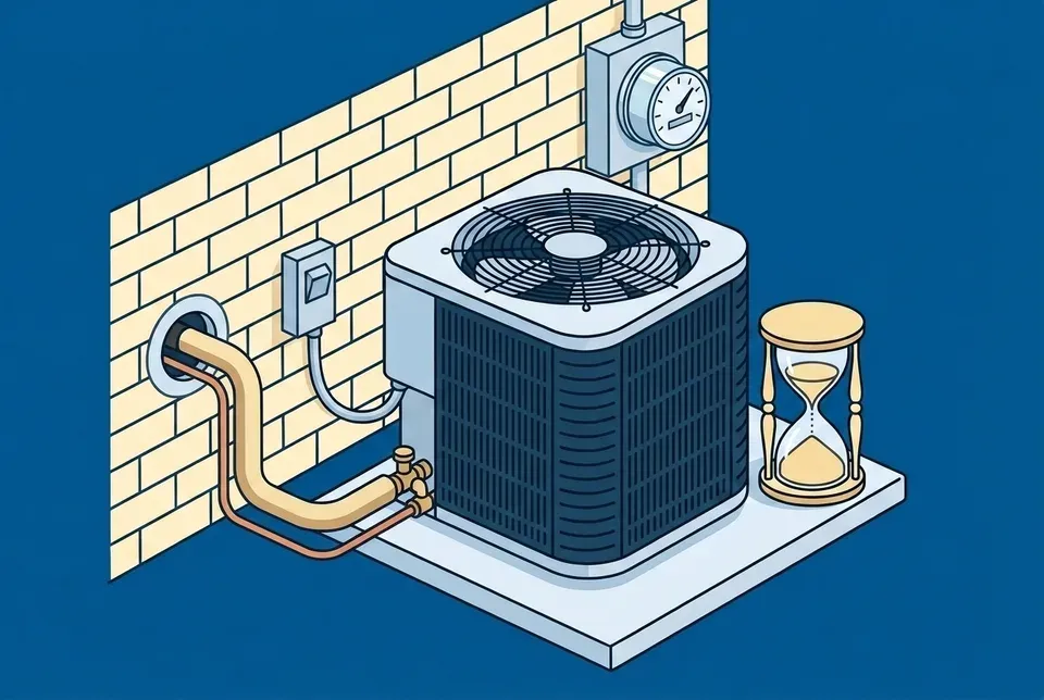 Flat illustration of an outdoor heat pump on a concrete pad beside a cream brick wall, with an insulated refrigerant line and a thin copper line running from the wall to its service valves, a disconnect box, an electric meter and an hourglass with most of its sand in the lower bulb, on a blue background