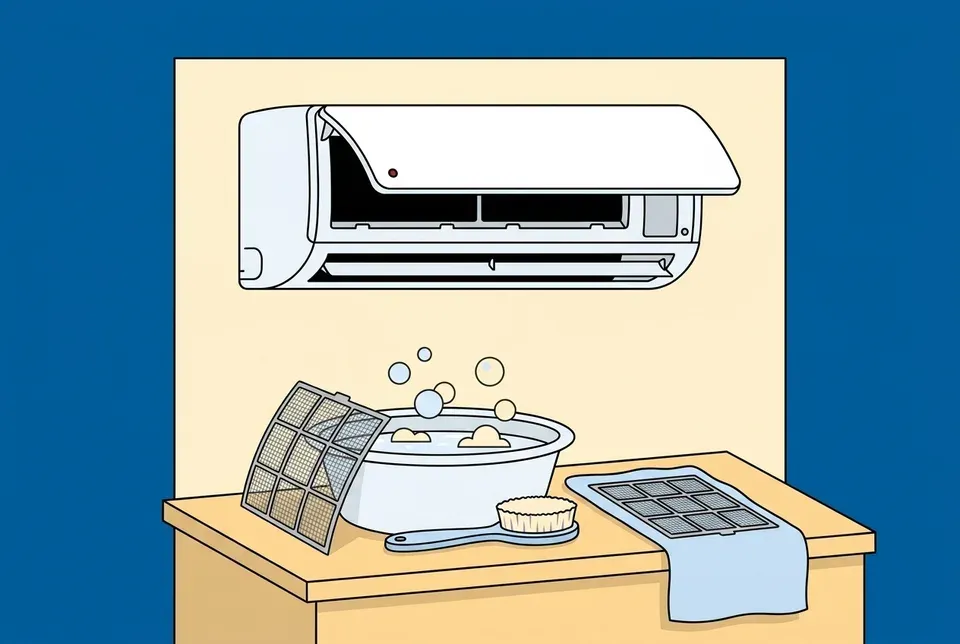 Flat illustration of a white wall-mounted ductless mini split indoor unit with its front panel lifted open, above a wooden counter holding a basin of soapy water, a gray mesh filter leaning on the basin, a soft brush and a second filter drying on a towel, on a blue background