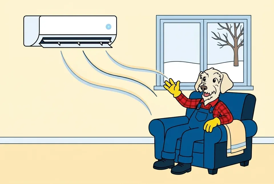 Flat illustration of a smiling terrier mascot in a red plaid shirt, blue overalls and yellow gloves sitting in a blue armchair, raising one hand toward warm air flowing from a white wall-mounted ductless indoor unit, with snow and a bare tree outside the window