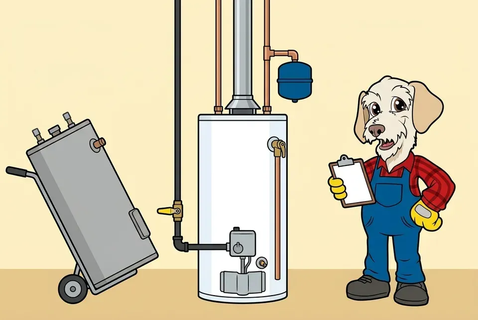 Flat illustration of a smiling terrier mascot in a plaid shirt and overalls holding a blank clipboard beside a white gas tank water heater with its vent pipe, gas line and small blue expansion tank, next to an older gray tank on a hand truck