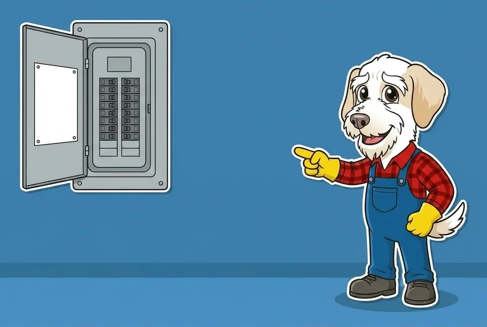 Illustration of Sonny pointing from a distance at an open electrical panel with a blank label plate