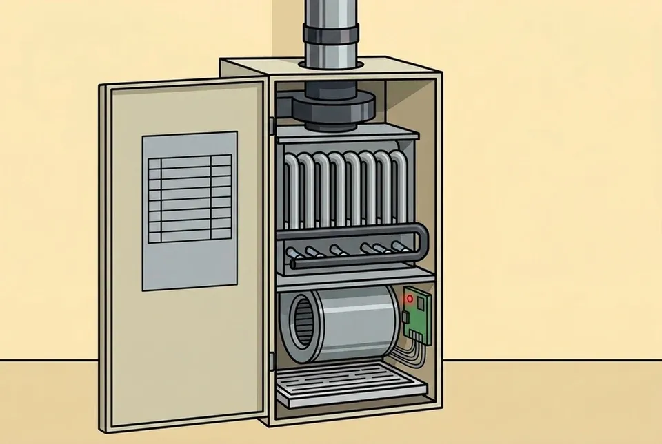 Flat illustration of a gas furnace with its front door panel swung open, showing a blank ruled chart on the inside face of the door and a green control board with a small red light beside the unlit burner assembly