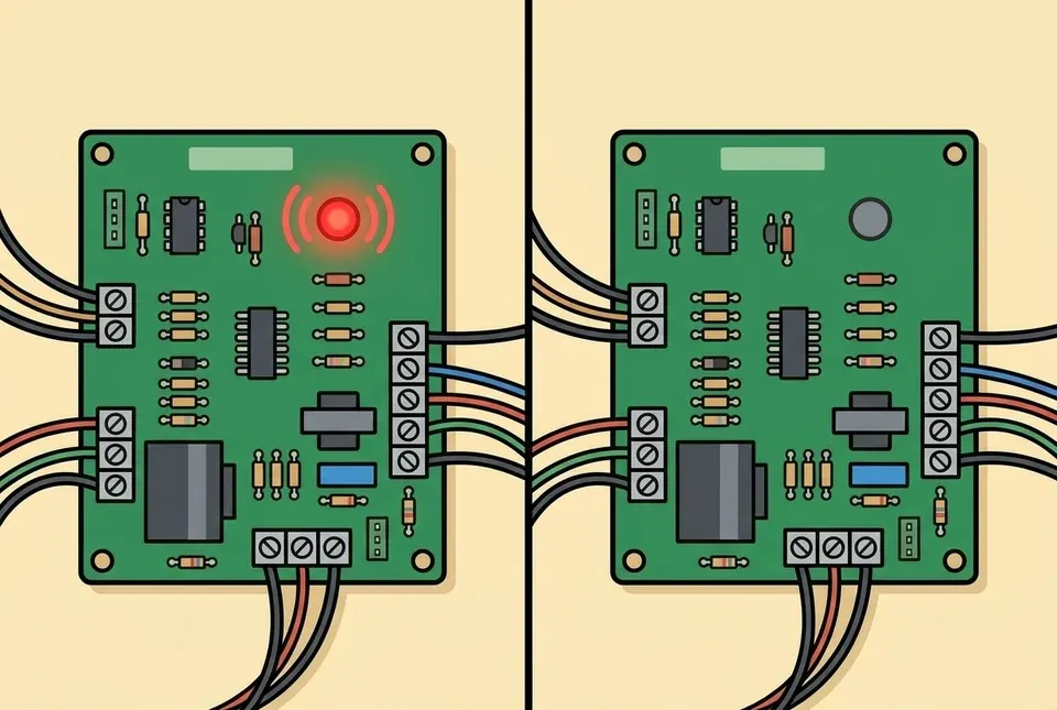 Split flat illustration of the same green furnace control board twice, with its round diagnostic light glowing red and blinking on the left and dark and unlit on the right