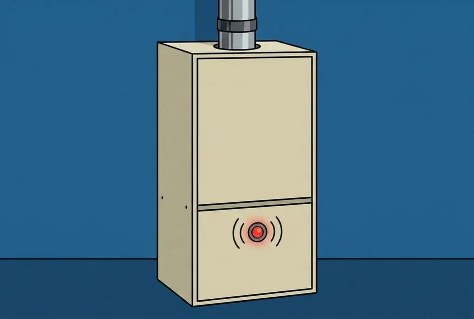 Flat illustration of a closed gas furnace cabinet against a blue wall, with a single red diagnostic light blinking behind a small round inspection window on its front panel