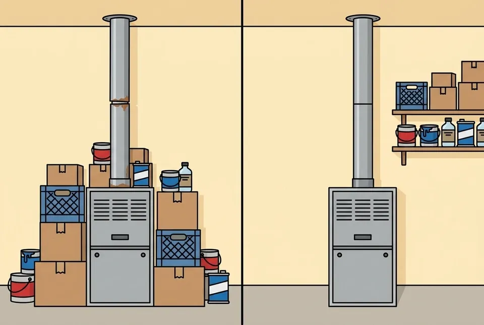 Split illustration of the same basement gas furnace twice, crowded on one side by stacked boxes, crates and paint tins with a rusted misaligned joint in its flue pipe, and on the other side standing in clear floor space with the storage moved to a wall shelf and the flue sound